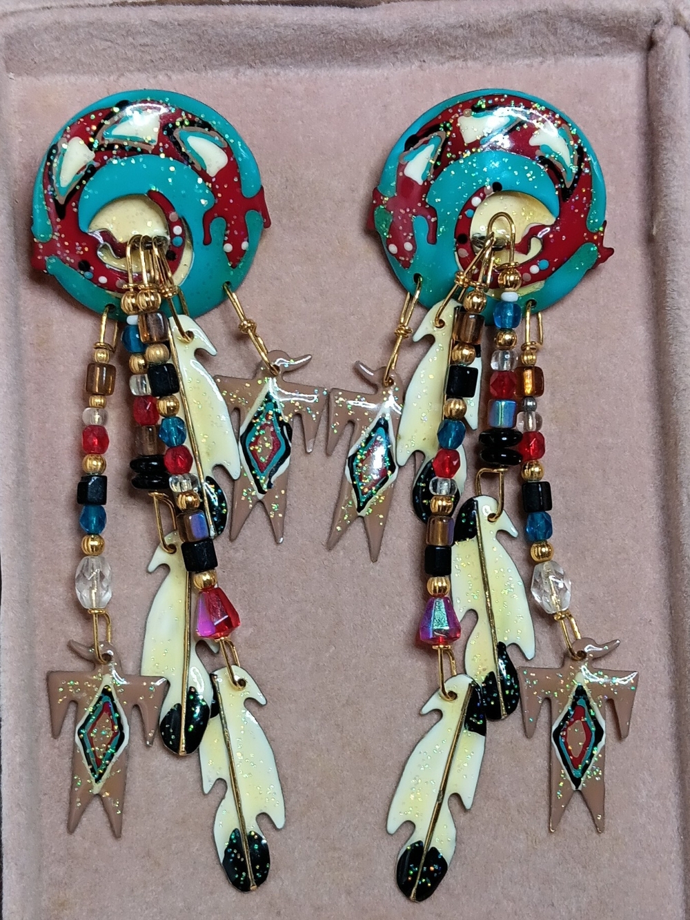 Lunch at The Ritz 1989 Native American Dangle Earings, 14k Gold Posts